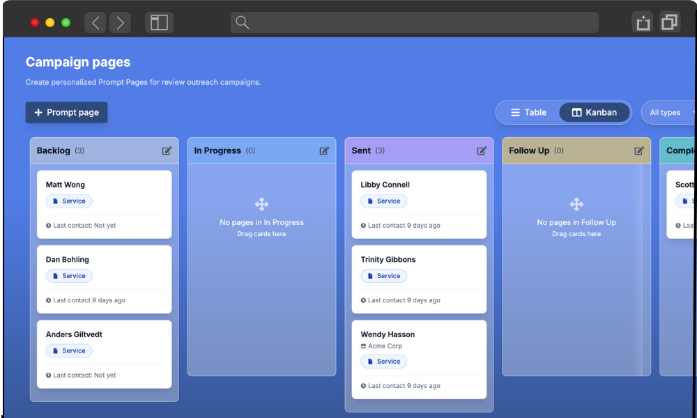 Review campaign kanban board